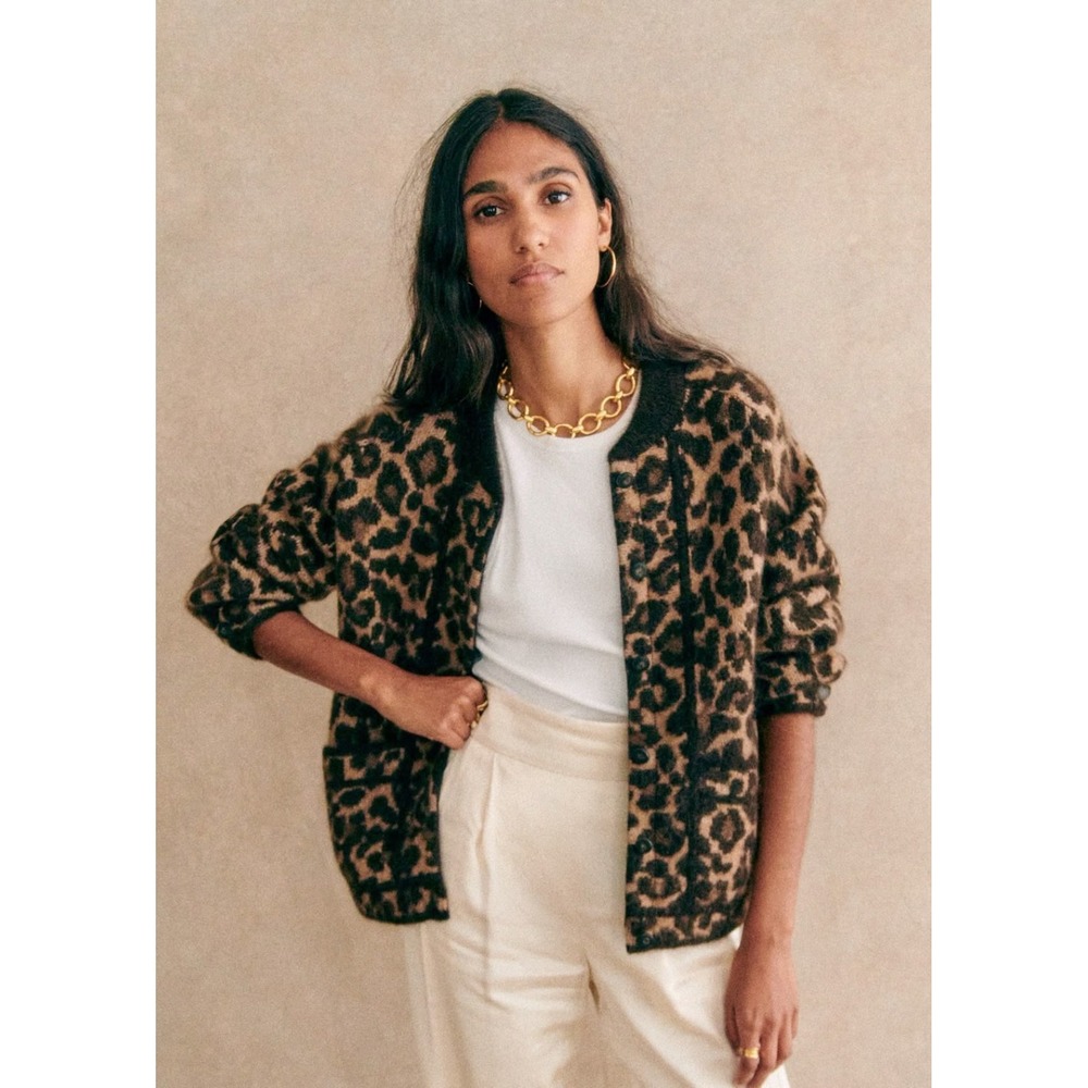 Sezane NWT Leopard Veste Noah Cardigan Sweater Kid‎ Mohair Wool Blend Size XS